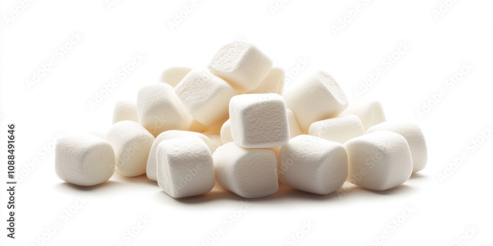 A delightful heap of delicious marshmallows presented in an isolated setting against a crisp white background, showcasing the appealing nature of these delicious marshmallows. A delightful heap of delicious marshmallows presented in an isolated setting against a crisp white background, showcasing the appealing nature of these delicious marshmallows.
