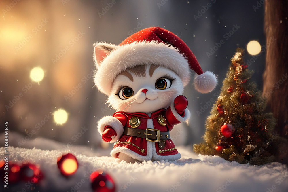 Little cute cat cartoon in Santa Claus costume standing on snow. Little cute cat cartoon in Santa Claus costume standing on snow.