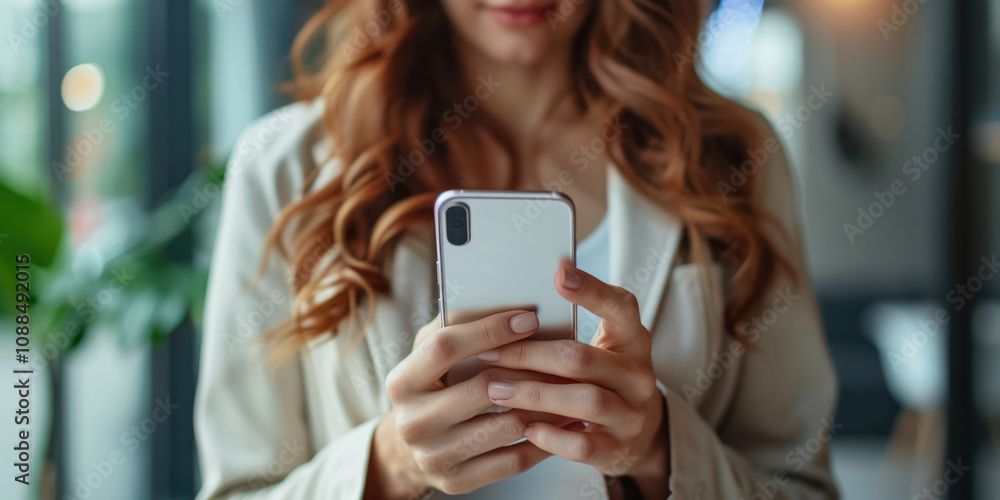 a young business woman using a smartphone in office workplace a young business woman using a smartphone in office workplace