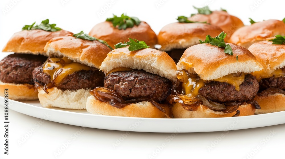 A plate of gourmet sliders with mini beef patties, melted cheese, and caramelized onions A plate of gourmet sliders with mini beef patties, melted cheese, and caramelized onions