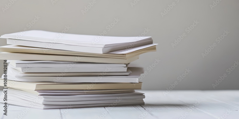 Stack of paper sheets arranged neatly on a white table, offering ample space for text. This stack of paper sheets is perfect for showcasing designs, notes, or creative ideas. Stack of paper sheets arranged neatly on a white table, offering ample space for text. This stack of paper sheets is perfect for showcasing designs, notes, or creative ideas.