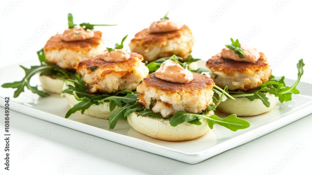 A plate of gourmet sliders with mini crab cakes, remoulade sauce, and arugula on slider buns A plate of gourmet sliders with mini crab cakes, remoulade sauce, and arugula on slider buns