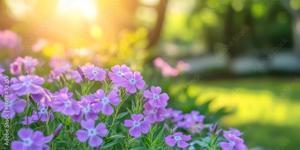 Obraz premium Vibrant phlox subulate blooms in a flowerbed enhance the urban environment, creating a beautiful green space. The flowerbed showcases phlox subulate with a soft focused background and ample copy