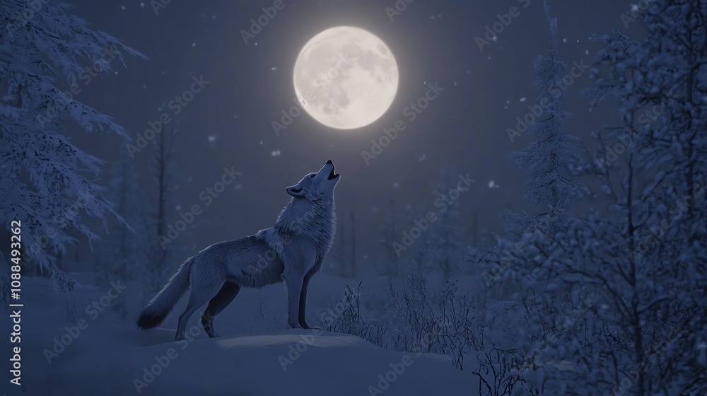 A lone wolf howls at the full moon in a snowy forest. A lone wolf howls at the full moon in a snowy forest.