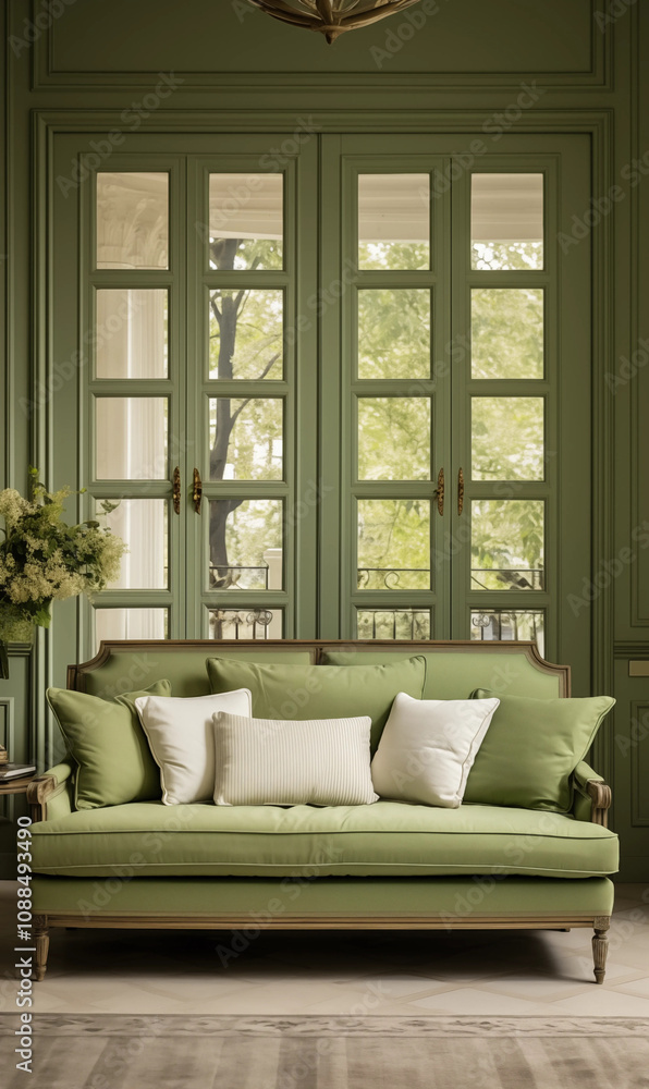 Sage Green Sofa in Classic Interior with French Doors Sage Green Sofa in Classic Interior with French Doors
