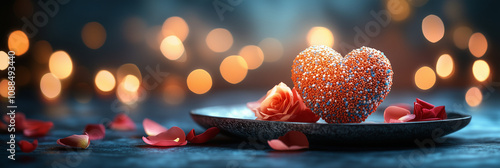 A heart-shaped cake in red and pink tones on a beautiful tray, free space on a background of lights. Getting ready for Valentine's Day