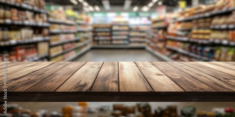 Product display concept featuring an empty wooden tabletop, perfect for showcasing items, with a blurred supermarket backdrop ideal for enhancing product display opportunities. Product display concept featuring an empty wooden tabletop, perfect for showcasing items, with a blurred supermarket backdrop ideal for enhancing product display opportunities.