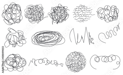 Set of hand-drawn scribbles, each isolated on white background. Abstract collection of different tangled lines and circles. Trendy doodles.