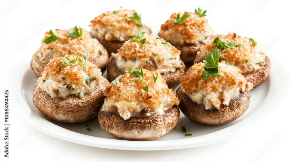 A plate of gourmet stuffed mushrooms with a filling of cream cheese, garlic, herbs A plate of gourmet stuffed mushrooms with a filling of cream cheese, garlic, herbs