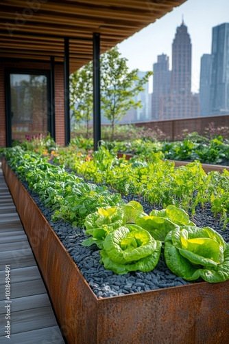 Sustainable urban gardening rooftop garden in a city green vegetables modern architecture vibrant environment nature conservation