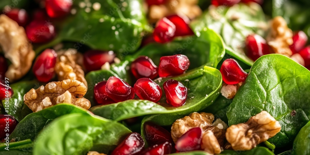 Fresh close up of a vibrant salad featuring spinach, pomegranate seeds, and walnuts, highlighting the nutritious spinach, colorful pomegranate seeds, and crunchy walnuts for a healthy meal option. Fresh close up of a vibrant salad featuring spinach, pomegranate seeds, and walnuts, highlighting the nutritious spinach, colorful pomegranate seeds, and crunchy walnuts for a healthy meal option.