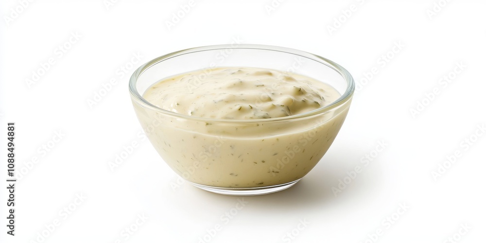 Small glass bowl of tartar sauce showcasing its creamy texture on a clean white background. This bowl of tartar sauce is perfect for enhancing flavors in various dishes. Small glass bowl of tartar sauce showcasing its creamy texture on a clean white background. This bowl of tartar sauce is perfect for enhancing flavors in various dishes.