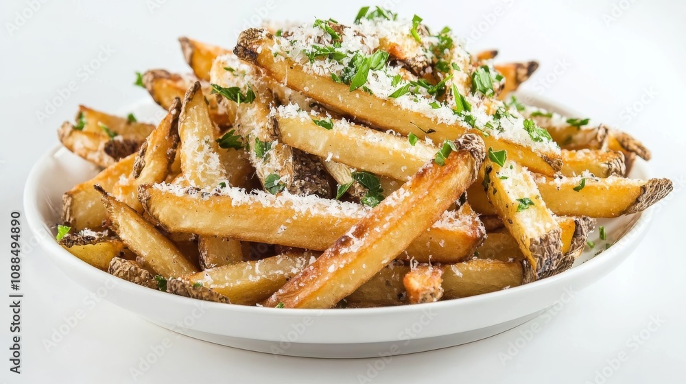 A plate of gourmet truffle fries sprinkled with parmesan cheese and fresh herbs, Each fry crispy and seasoned to perfection, Set against an isolated white background to highlight its indulgent flavor A plate of gourmet truffle fries sprinkled with parmesan cheese and fresh herbs, Each fry crispy and seasoned to perfection, Set against an isolated white background to highlight its indulgent flavor
