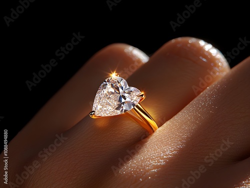 Elegant pear-shaped diamond engagement ring on an African American hand, close-up with natural sunlight, warm tones highlighting beauty
