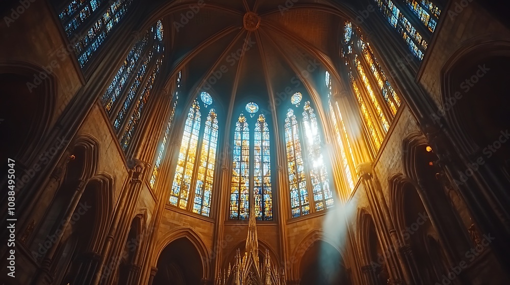 Obraz premium Elevated perspective of a choir singing inside a colossal cathedral, the sound reverberating off the towering stone arches, sunlight piercing through vibrant stained glass,