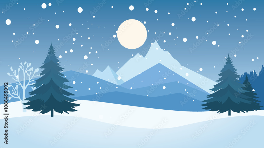 Fototapeta premium Snowy Mountain Landscape with Pine Trees Forest in Snow Winter Season and Full Moon in Night Sky