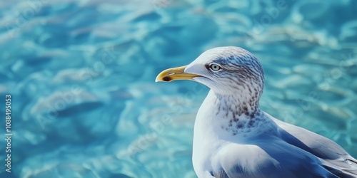 Close up of a seagull with a beautiful sea lagoon in the background, showcasing the seagull s intricate details and the tranquil waters of the lagoon. Seagull details enhance the scene. photo