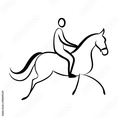 Paralympic athletes performing dressage on horseback during competitive event, black-line drawing