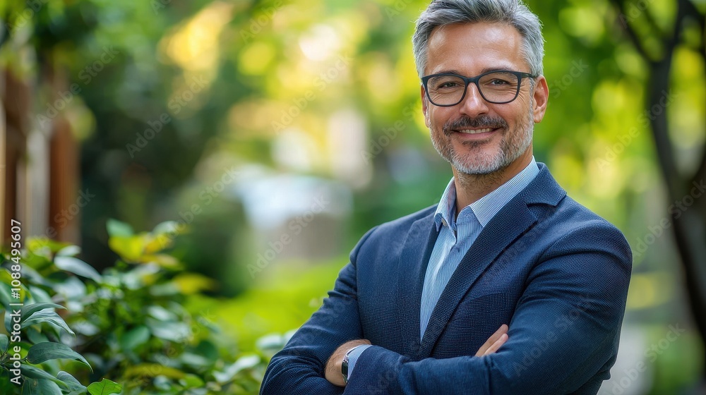 Happy middle-aged business man entrepreneur looking at camera outdoors. Smiling confident mature businessman professional executive, successful lawyer wearing suit standing arms crossed Happy middle-aged business man entrepreneur looking at camera outdoors. Smiling confident mature businessman professional executive, successful lawyer wearing suit standing arms crossed