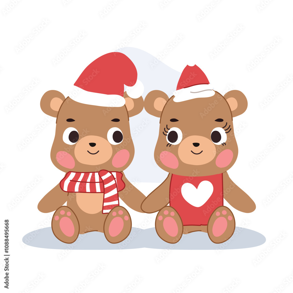 festive cartoon bear couple in Christmas outfit sitting together in winter festive cartoon bear couple in Christmas outfit sitting together in winter
