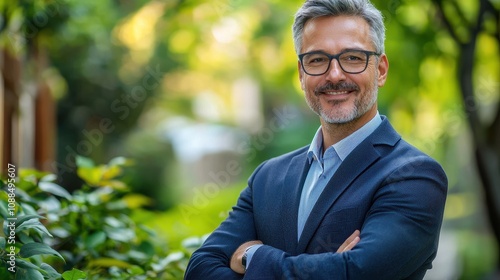 Happy middle-aged business man entrepreneur looking at camera outdoors. Smiling confident mature businessman professional executive, successful lawyer wearing suit standing arms crossed