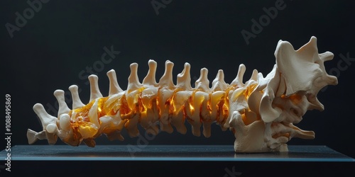 Spinal nerve and bone model showcasing a lumbar spine displaced herniated disc fragment, useful for medical treatment demonstrations in orthopedic departments. Spinal nerve details emphasized. photo