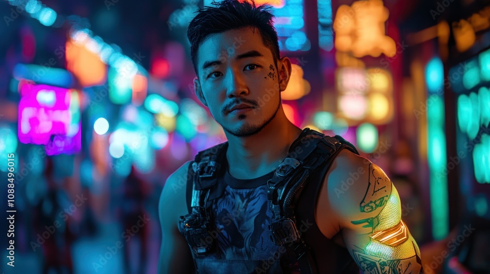 Cyberpunk City Night: A Man's Portrait in Neon Lights Cyberpunk City Night: A Man's Portrait in Neon Lights