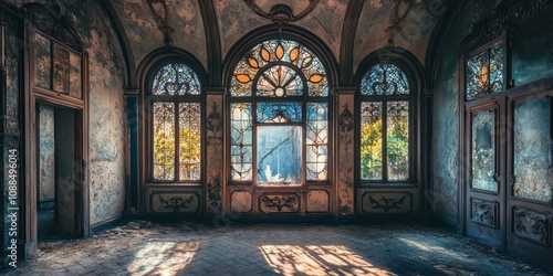 Round stained glass window features intricate designs in an old, abandoned castle, showcasing the beauty of round stained glass artistry amidst a historical setting.