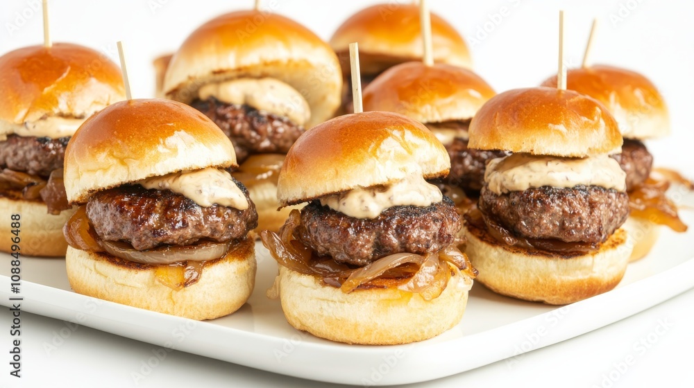 A plate of gourmet wagyu beef sliders with grilled wagyu beef patties, caramelized onions, Gruyère cheese A plate of gourmet wagyu beef sliders with grilled wagyu beef patties, caramelized onions, Gruyère cheese