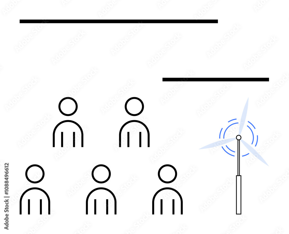 Five stick figures with a wind turbine symbolize collaboration and sustainable innovation. Ideal for team building, renewable energy, brainstorming, eco-friendly projects, creativity, productivity Five stick figures with a wind turbine symbolize collaboration and sustainable innovation. Ideal for team building, renewable energy, brainstorming, eco-friendly projects, creativity, productivity