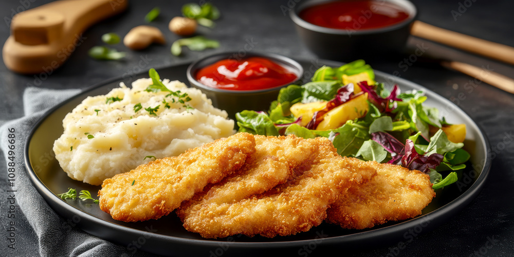 Fototapeta premium delicious homemade schnitzel on a plate, surrounded by fresh salad and a side of mashed potatoes. AI generative.