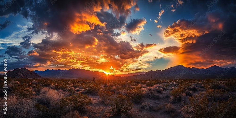 A dramatic sunset casts vibrant colors through the cloudy sky over a desert landscape, featuring mountains that enhance the beauty of this dramatic sunset scene. A dramatic sunset casts vibrant colors through the cloudy sky over a desert landscape, featuring mountains that enhance the beauty of this dramatic sunset scene.