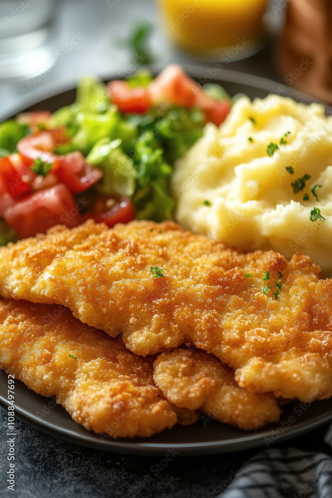 delicious homemade schnitzel on a plate, surrounded by fresh salad and a side of mashed potatoes. AI generative. delicious homemade schnitzel on a plate, surrounded by fresh salad and a side of mashed potatoes. AI generative.