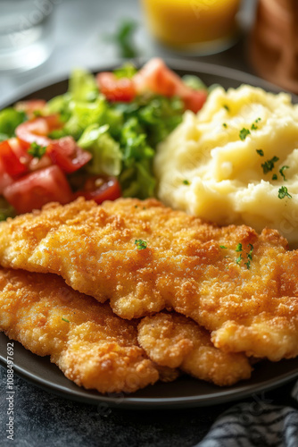 delicious homemade schnitzel on a plate, surrounded by fresh salad and a side of mashed potatoes. AI generative.