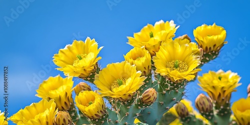 Vibrant yellow Semprevivum cactus flowers stand out beautifully against a clear blue sky, creating a striking full frame composition that showcases nature s brilliance in color and form. photo