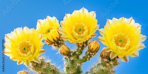 Vibrant yellow Semprevivum cactus flowers stand out beautifully against a clear blue sky, creating a striking full frame composition that showcases nature s brilliance in color and form. photo