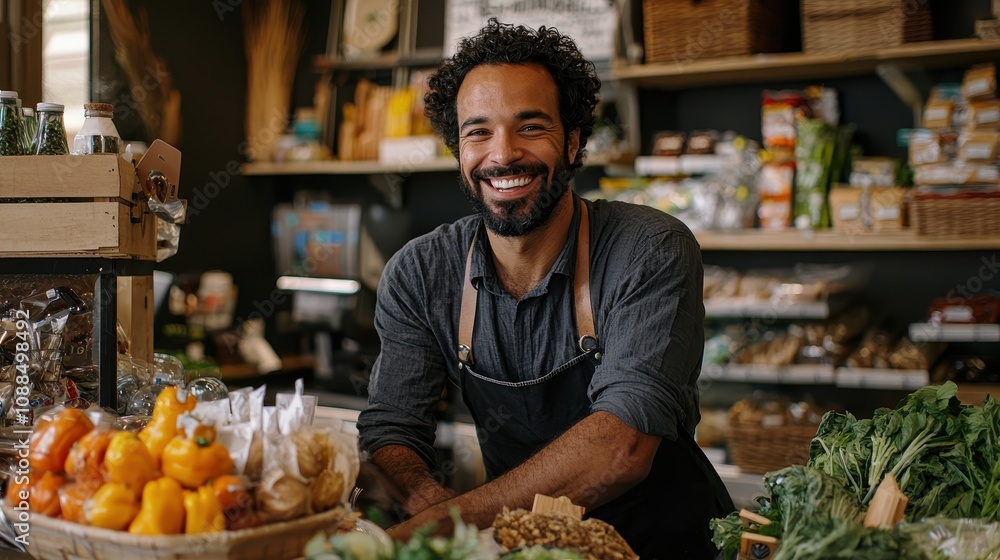 A man is standing behind a counter at a zero-waste eco-friendly grocery store. He is smiling and leaning forward, ready to assist customers A man is standing behind a counter at a zero-waste eco-friendly grocery store. He is smiling and leaning forward, ready to assist customers