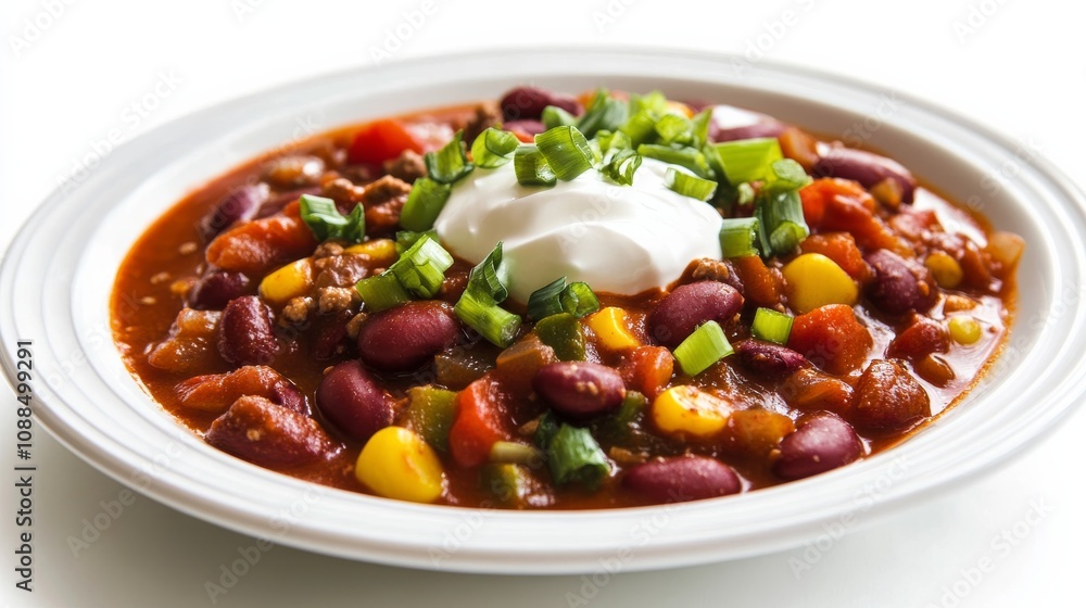 A plate of hearty vegetarian chili served with a dollop of sour cream and chopped green onions, Each spoonful filled with beans, vegetables A plate of hearty vegetarian chili served with a dollop of sour cream and chopped green onions, Each spoonful filled with beans, vegetables