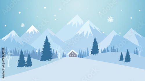 Home House in the Middle of Forest with Winter Snow Mountain in Bright Sky