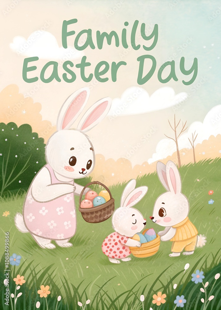 Family Easter Day with bunnies in grassy field. Family Easter Day with bunnies in grassy field.