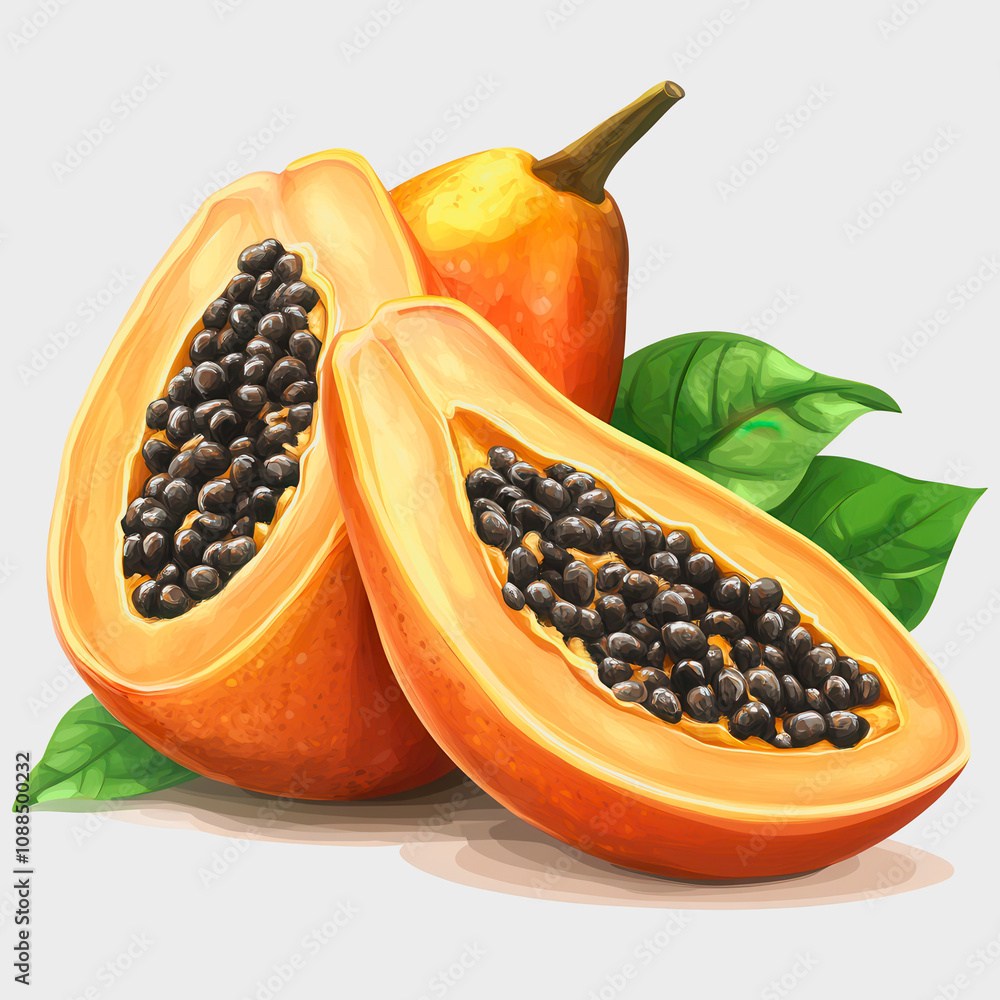 Fresh and Juicy Papaya Halves with Seeds and Green Leaves on a Light Background, Perfect for Healthy Eating, Tropical Cuisine, and Fruit Illustrations Fresh and Juicy Papaya Halves with Seeds and Green Leaves on a Light Background, Perfect for Healthy Eating, Tropical Cuisine, and Fruit Illustrations