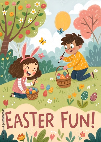 Children enjoying Easter egg hunt in nature.