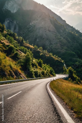 Road landscape with red car in beautiful nature. car drive on highway scenery. View of travel by car on mountain road on sunny day. summer vacation trip by car on highway - generative ai