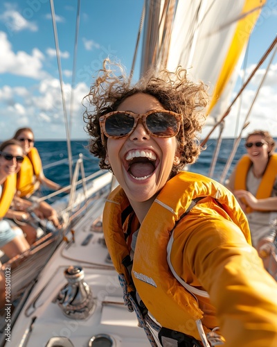 Group of diverse friends laughing and enjoying time on a sailing boat, Black woman smiling at the center, sunlit summer atmosphere, clear ocean views