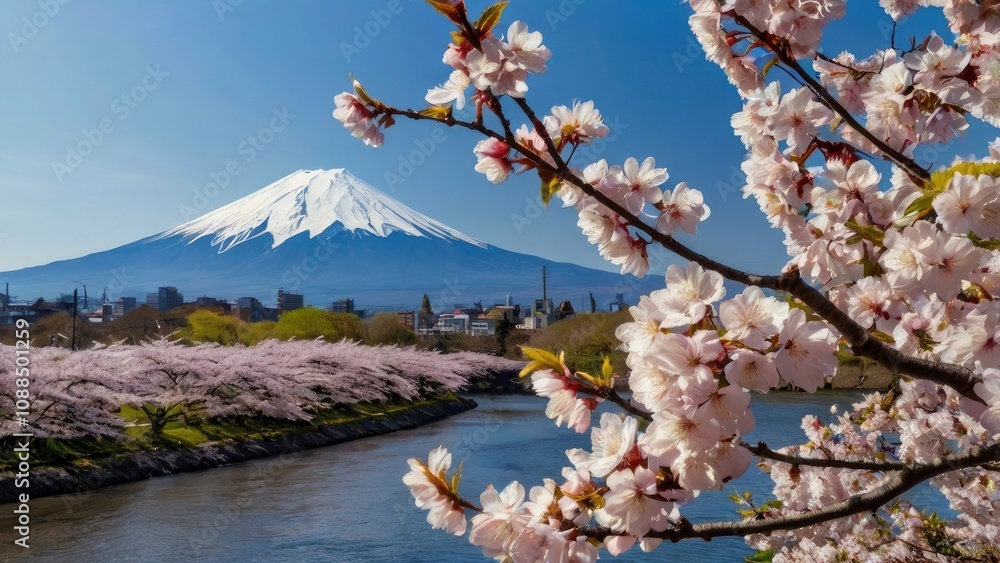 Beautiful blooming cherry blossoms with Mount Fuji in the background and a Urui river in the foreground is a popular tourist spot in Fuji City, Shizuoka Japan - generative ai Beautiful blooming cherry blossoms with Mount Fuji in the background and a Urui river in the foreground is a popular tourist spot in Fuji City, Shizuoka Japan - generative ai
