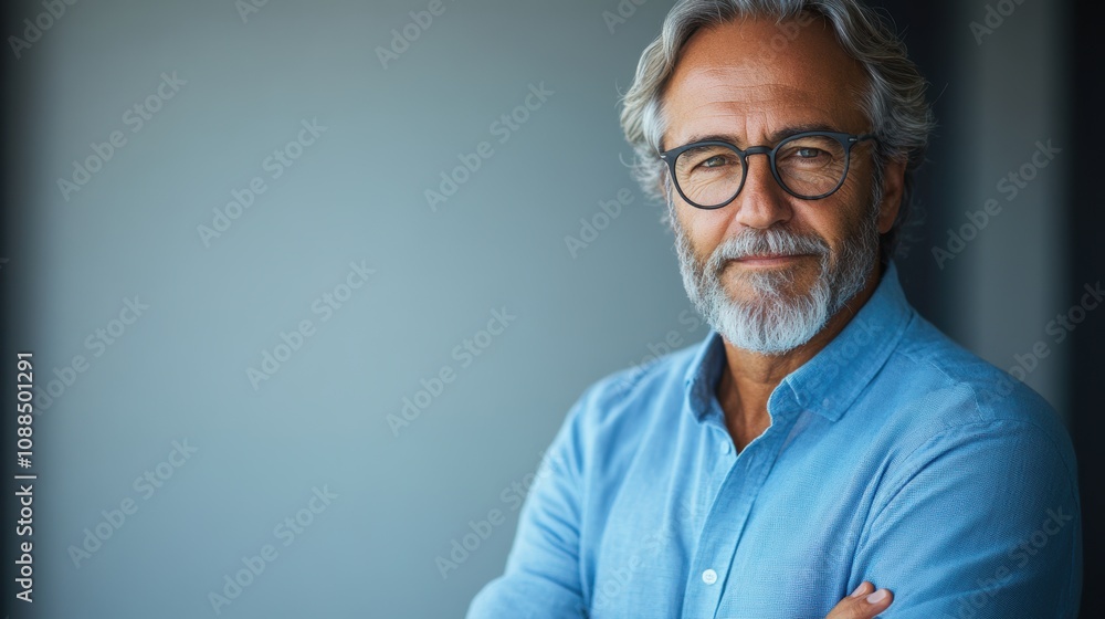 Business portrait of a senior businessman in a blue shirt, standing against a white background. Business portrait of a senior businessman in a blue shirt, standing against a white background.