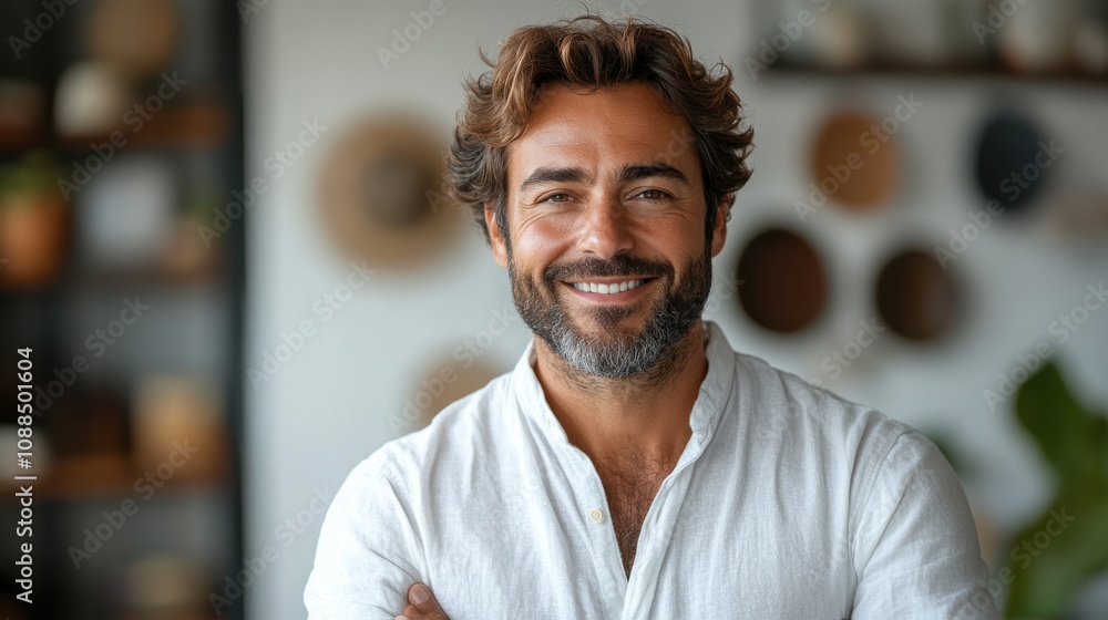 Businessman smiling and pointing confidently at a blank white background. Businessman smiling and pointing confidently at a blank white background.