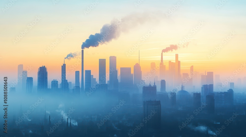 A hazy city skyline is silhouetted against a soft sunset, with smoke rising from buildings, illustrating urban pollution and environmental concerns. A hazy city skyline is silhouetted against a soft sunset, with smoke rising from buildings, illustrating urban pollution and environmental concerns.