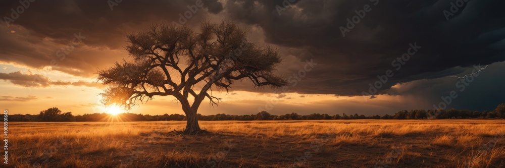 Storm sky Tree with dry grass field at sunset with the sun in the background