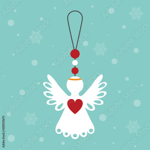 The Christmas angel. A paper Christmas angel surrounded by snow and snowflakes. Decoration for home and Christmas tree. Vector illustration for design and web.